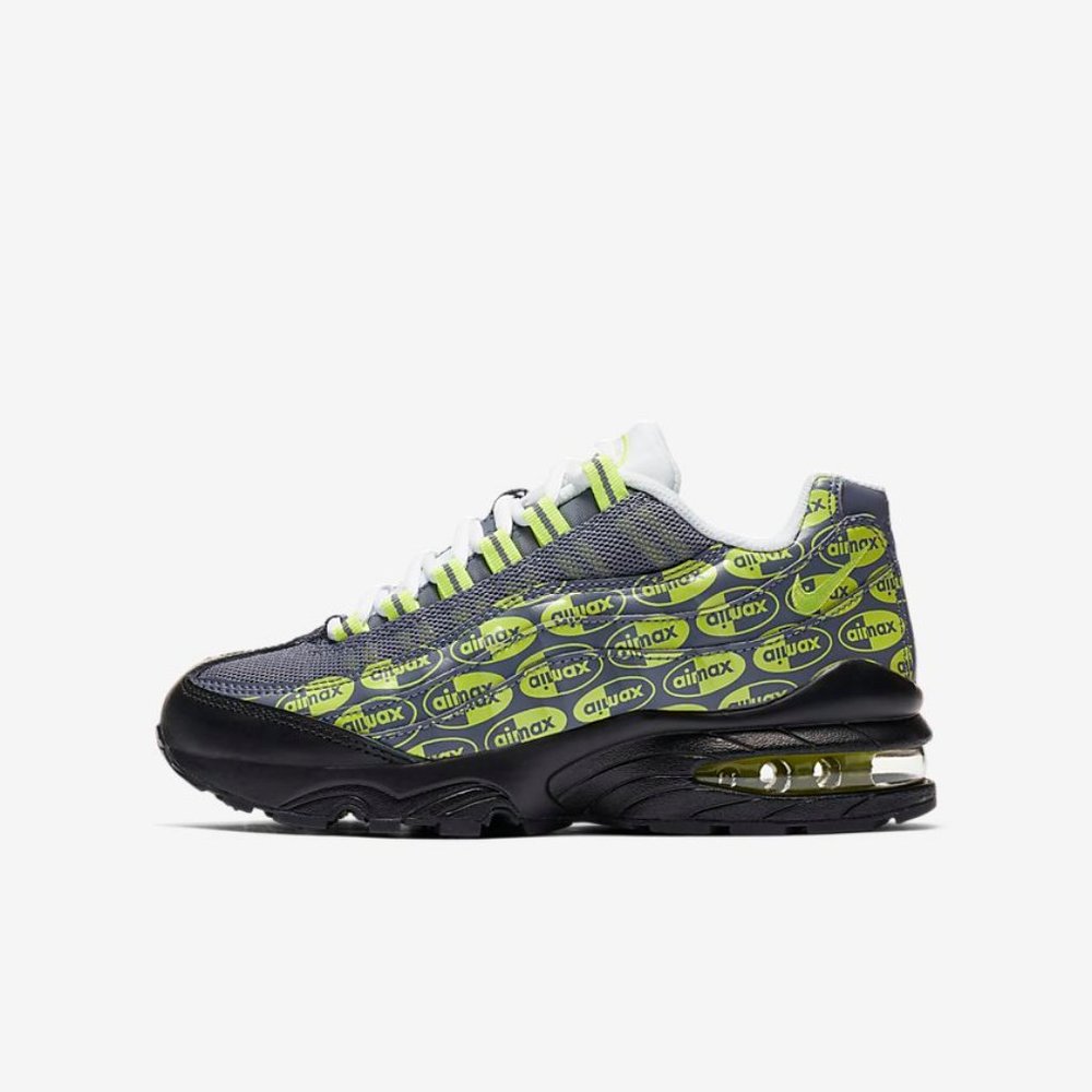 Nike Air Max 95 SE GS Boys Kids Logos Grey Volt Neon 6 922173-004 Black Sneaker - Picture 3 of 10